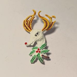 Vintage White Reindeer Brooch Pin Christmas Holiday